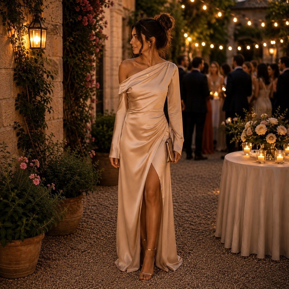 Show Me‎ Your Mumu Jamie Champagne Satin Off Shoulder Maxi Dress Long Sleeve Med
